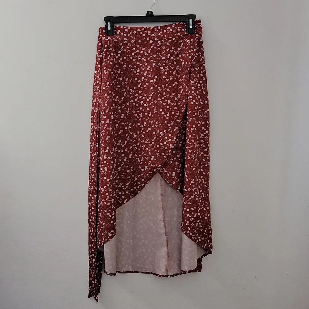 High Waisted Wrap Ruffle  Brick Red Floral Flowy Midi Beach Skirt